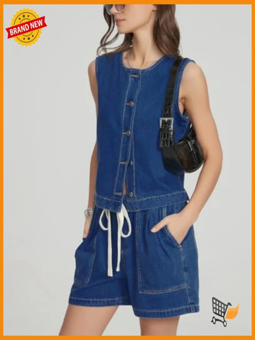 Denim Vest & Shorts Matching Set Sleeveless Crop Top Baggy Jean Shorts